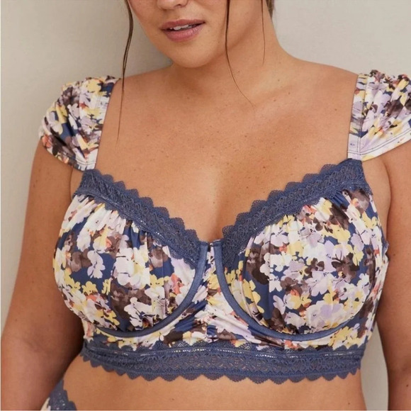 Torrid Underwire Longline Cap Sleeve Bra Mesh Floral Sunshine Floral Nightshadow - Picture 1 of 7